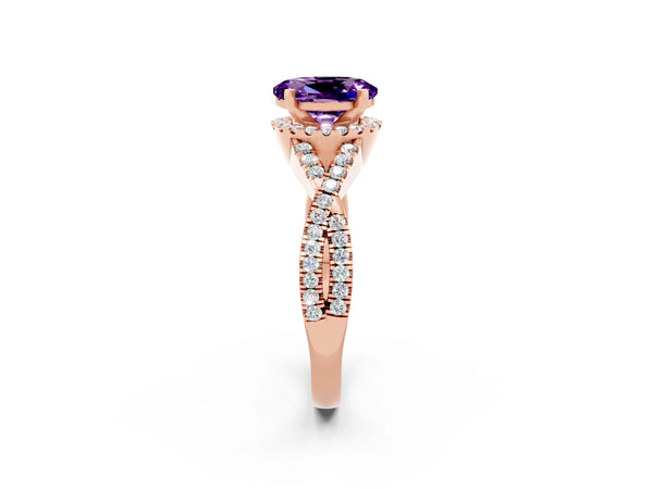 Rose gold Oval Cut Amethyst  Halo Twist Band Solitaire Prong Setting Ring