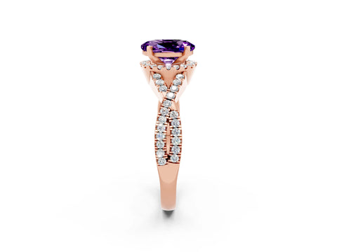 Rose gold Oval Cut Amethyst Halo Twist Band Solitaire Prong Setting Ring_2