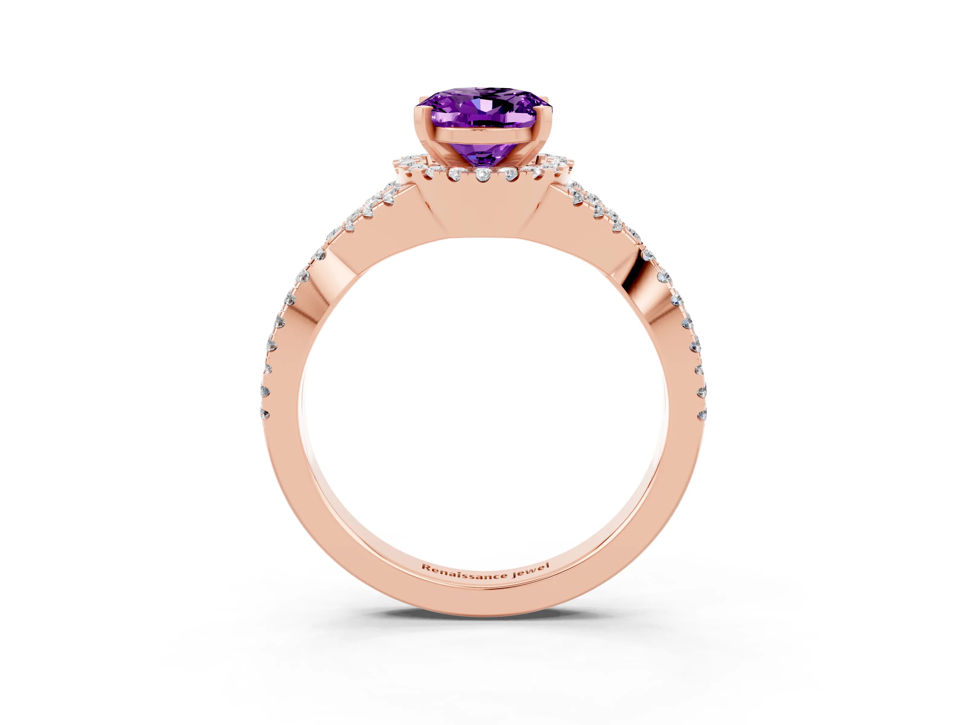 Rose gold Oval Cut Amethyst Halo Twist Band Solitaire Prong Setting Ring_3
