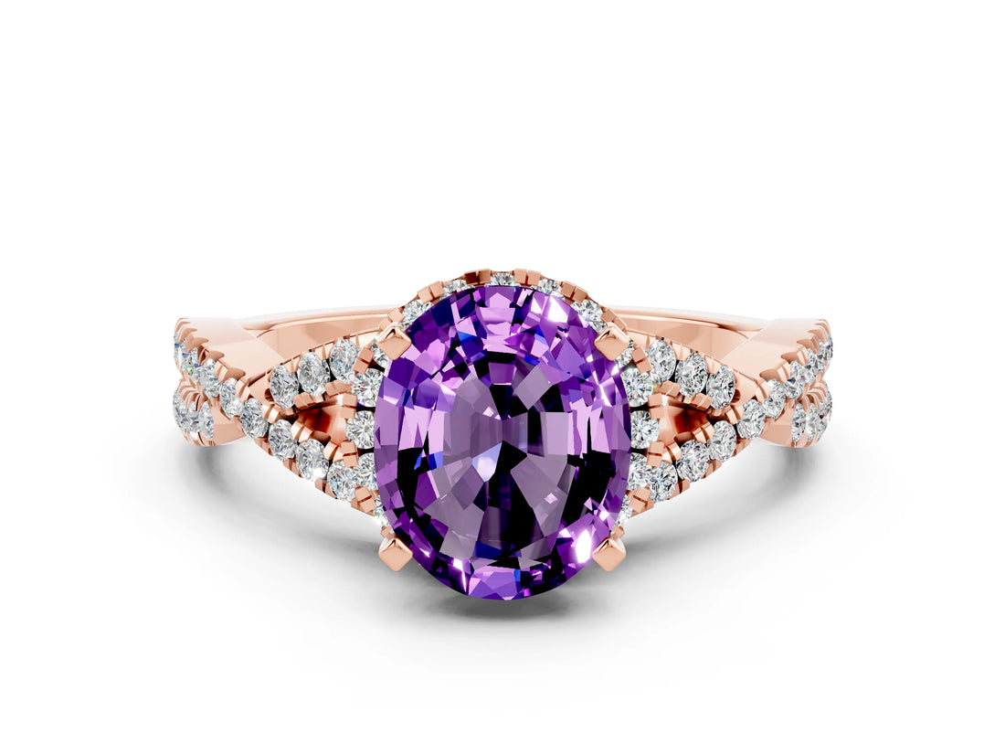Rose gold Oval Cut Amethyst  Halo Twist Band Solitaire Prong Setting Ring_54