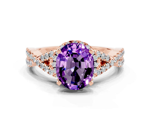 Rose gold Oval Cut Amethyst Halo Twist Band Solitaire Prong Setting Ring