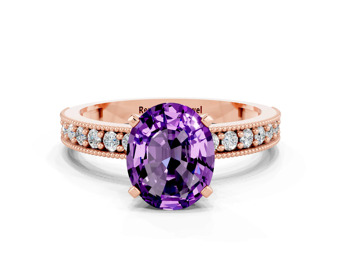 Rose gold Oval Cut Amethyst Milgrain Pavé Engagement Ring with Four-Prong Setting_12