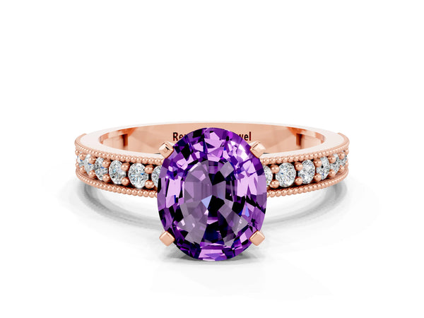 Rose gold Oval Cut Amethyst Milgrain Pavé Engagement Ring with Four-Prong Setting