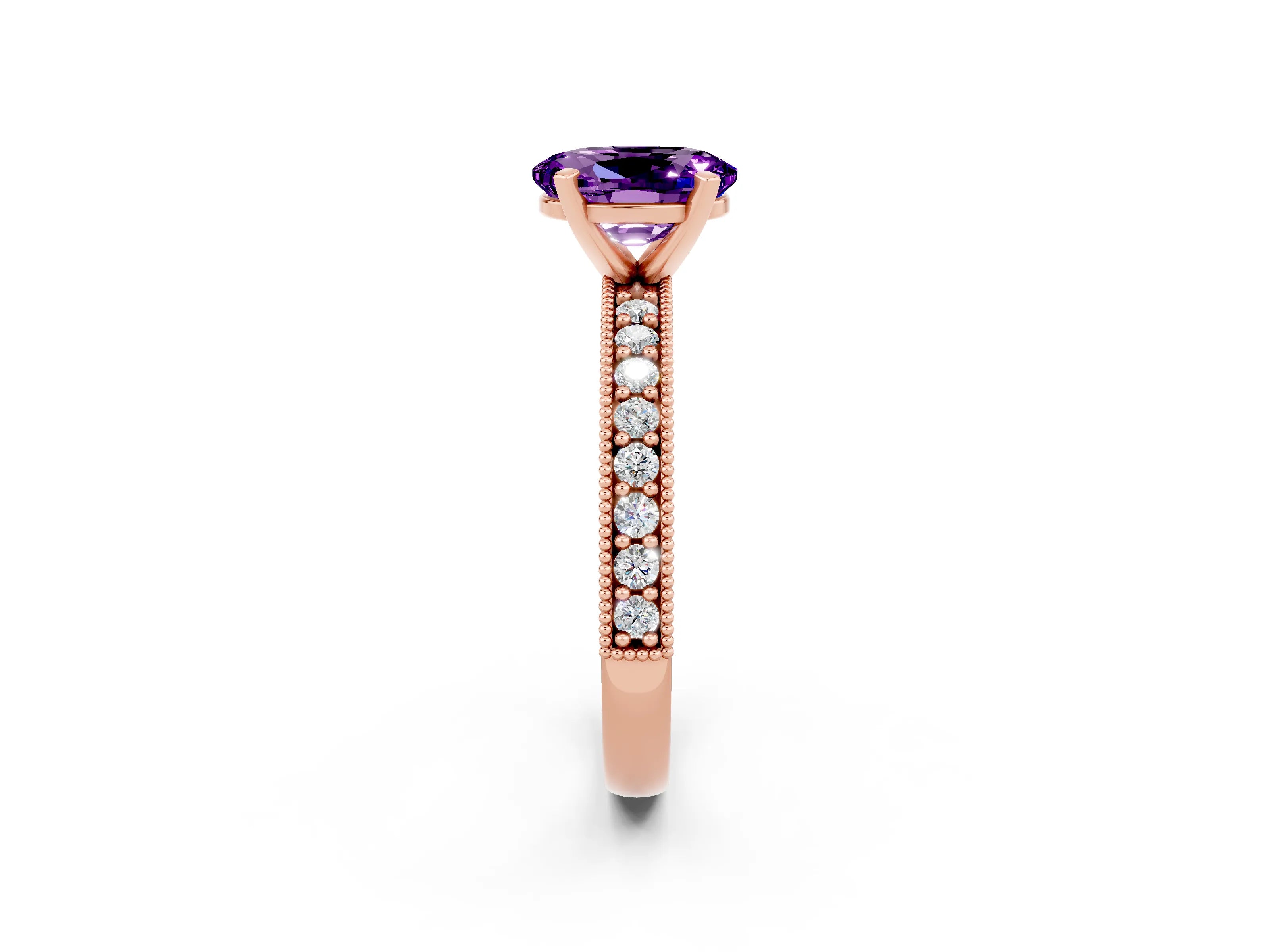Rose gold Oval Cut Amethyst Milgrain Pavé Engagement Ring with Four-Prong Setting_14