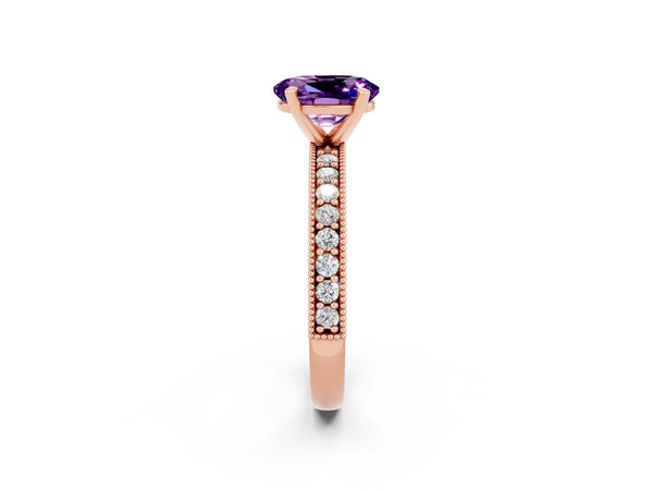 Rose gold Oval Cut Amethyst Milgrain Pavé Engagement Ring with Four-Prong Setting