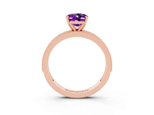 Rose gold Oval Cut Amethyst Milgrain Pavé Engagement Ring with Four-Prong Setting