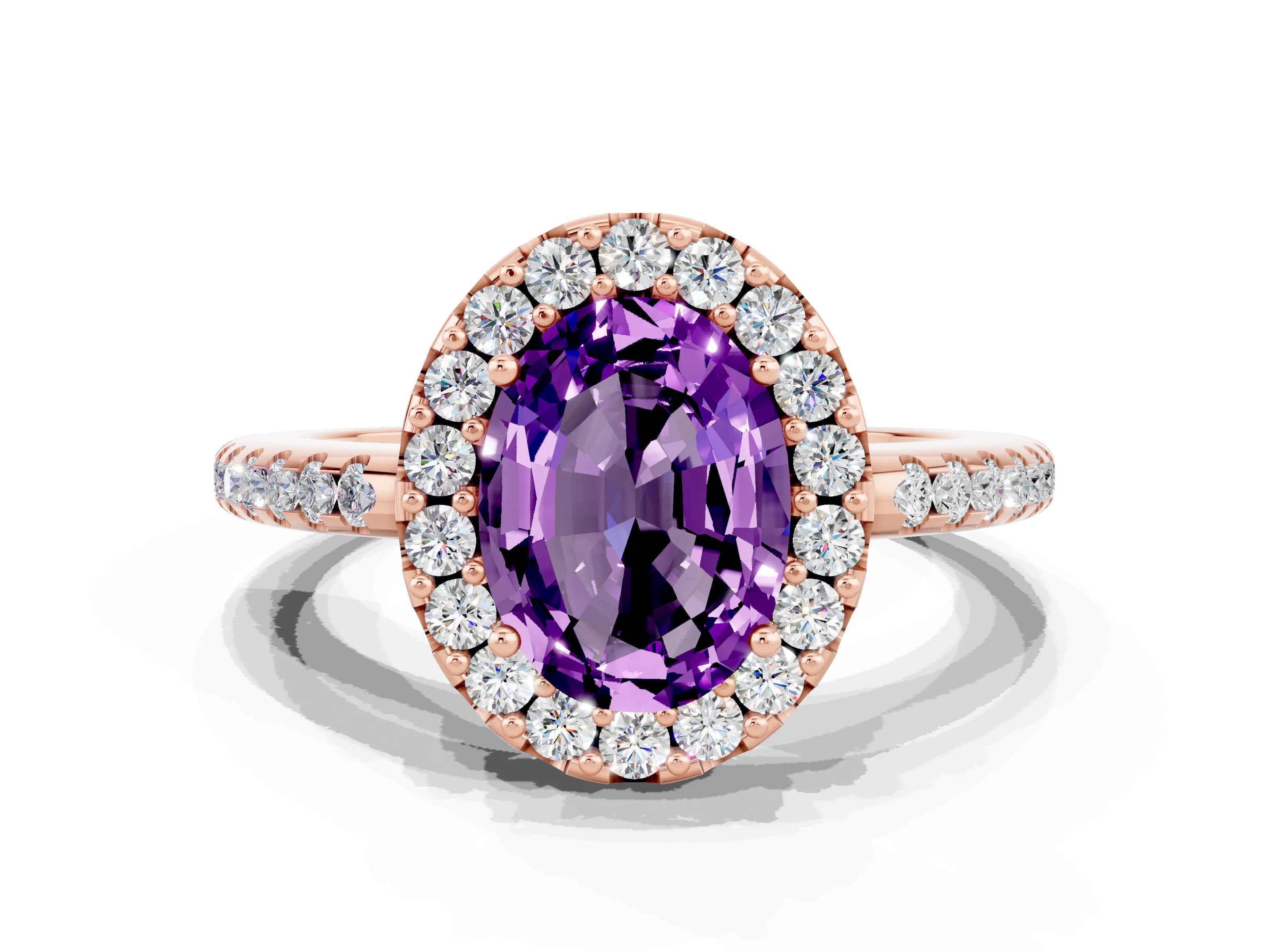 Rose gold Oval Cut Amethyst Pavé Halo Ring with Four-Prong Setting_12