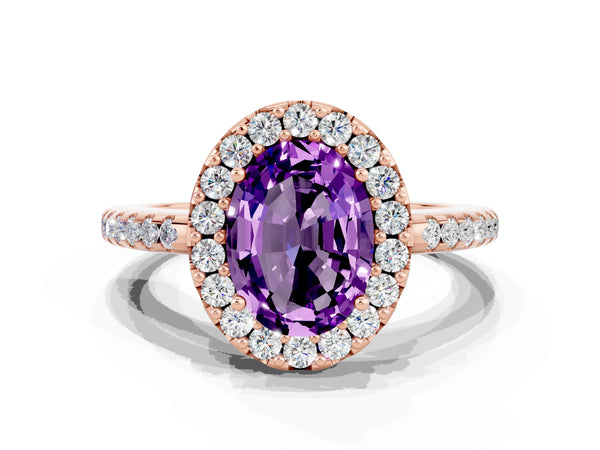 Rose gold Oval Cut Amethyst Pavé Halo Ring with Four-Prong Setting