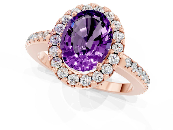 Rose gold Oval Cut Amethyst Pavé Halo Ring with Four-Prong Setting