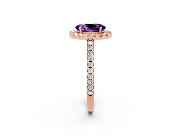 Rose gold Oval Cut Amethyst Pavé Halo Ring with Four-Prong Setting