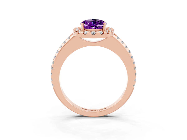 Rose gold Oval Cut Amethyst Pavé Halo Ring with Four-Prong Setting