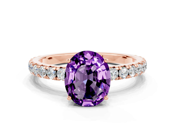 Rose gold Oval Cut Amethyst Pavé Solitaire Engagement Ring with Four-Prong Setting