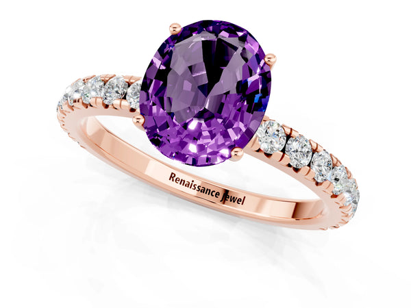 Rose gold Oval Cut Amethyst Pavé Solitaire Engagement Ring with Four-Prong Setting
