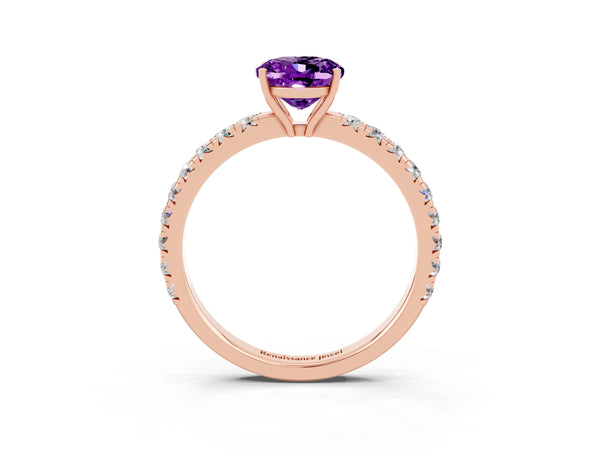 Rose gold Oval Cut Amethyst Pavé Solitaire Engagement Ring with Four-Prong Setting