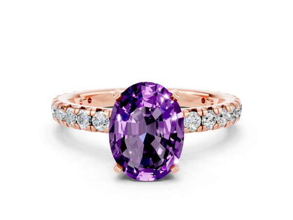 Rose gold Oval Cut Amethyst Pavé Solitaire Ring with Round Band and Prong Setting
