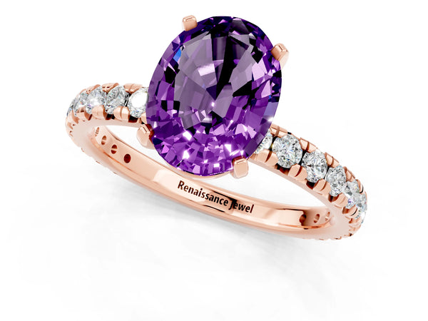 Rose gold Oval Cut Amethyst Pavé Solitaire Ring with Round Band and Prong Setting