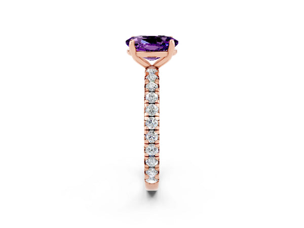 Rose gold Oval Cut Amethyst Pavé Solitaire Ring with Round Band and Prong Setting