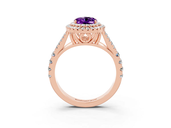 Rose gold Oval Cut Amethyst Pavé Split Shank Double Halo Engagement Ring