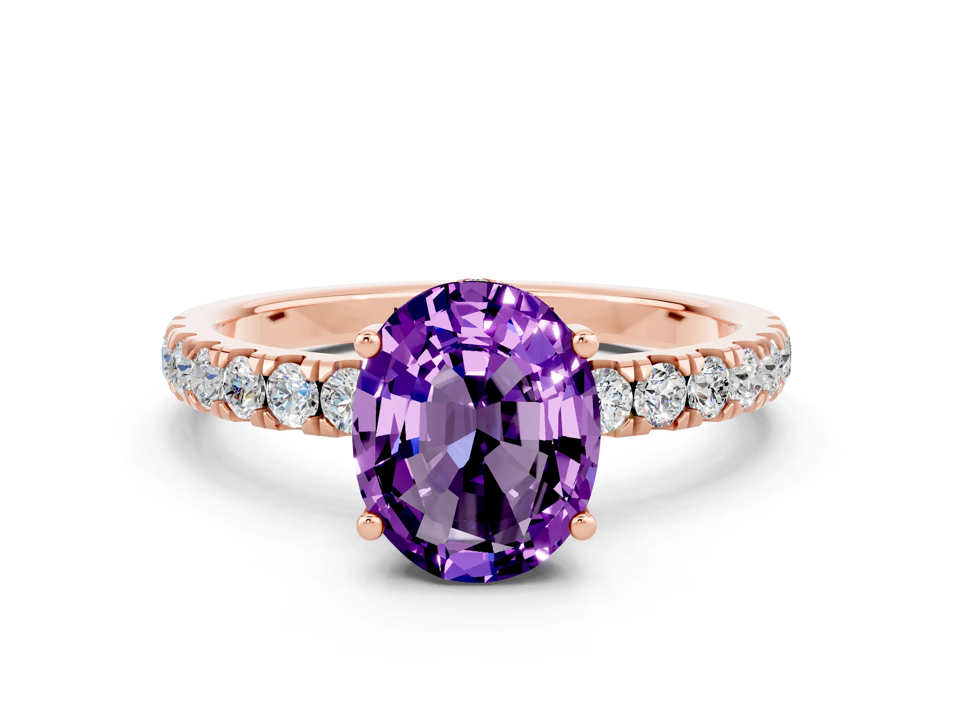 Rose gold Oval Cut Amethyst Pave Band Solitaire Ring with Four-Prong Setting_24