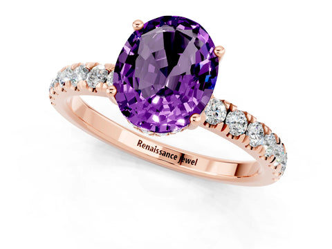 Rose gold Oval Cut Amethyst Pave Band Solitaire Ring with Four-Prong Setting_25