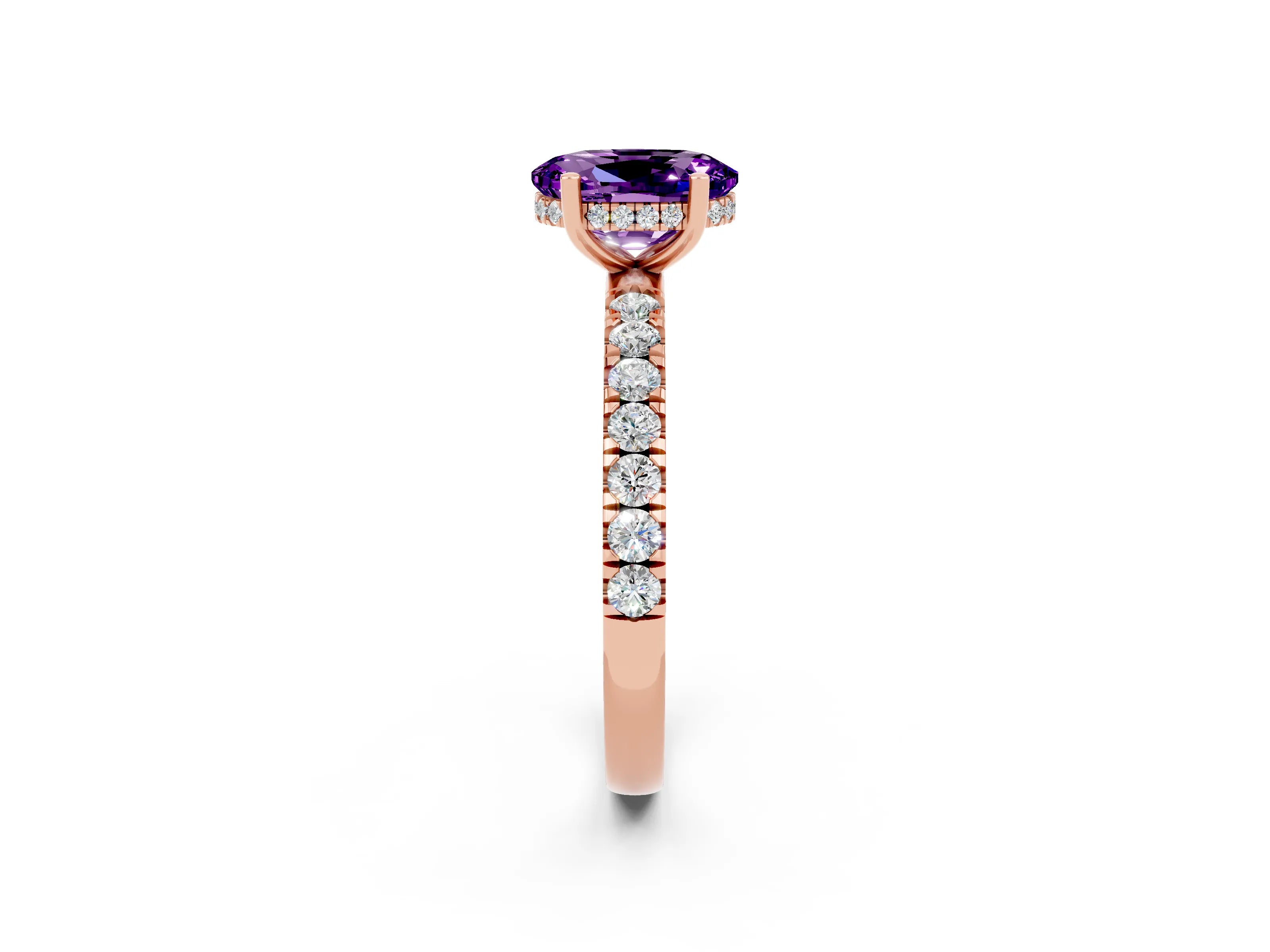 Rose gold Oval Cut Amethyst Pave Band Solitaire Ring with Four-Prong Setting_26