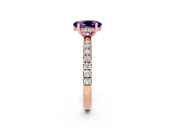 Rose gold Oval Cut Amethyst Pave Band Solitaire Ring with Round  and Prong Setting