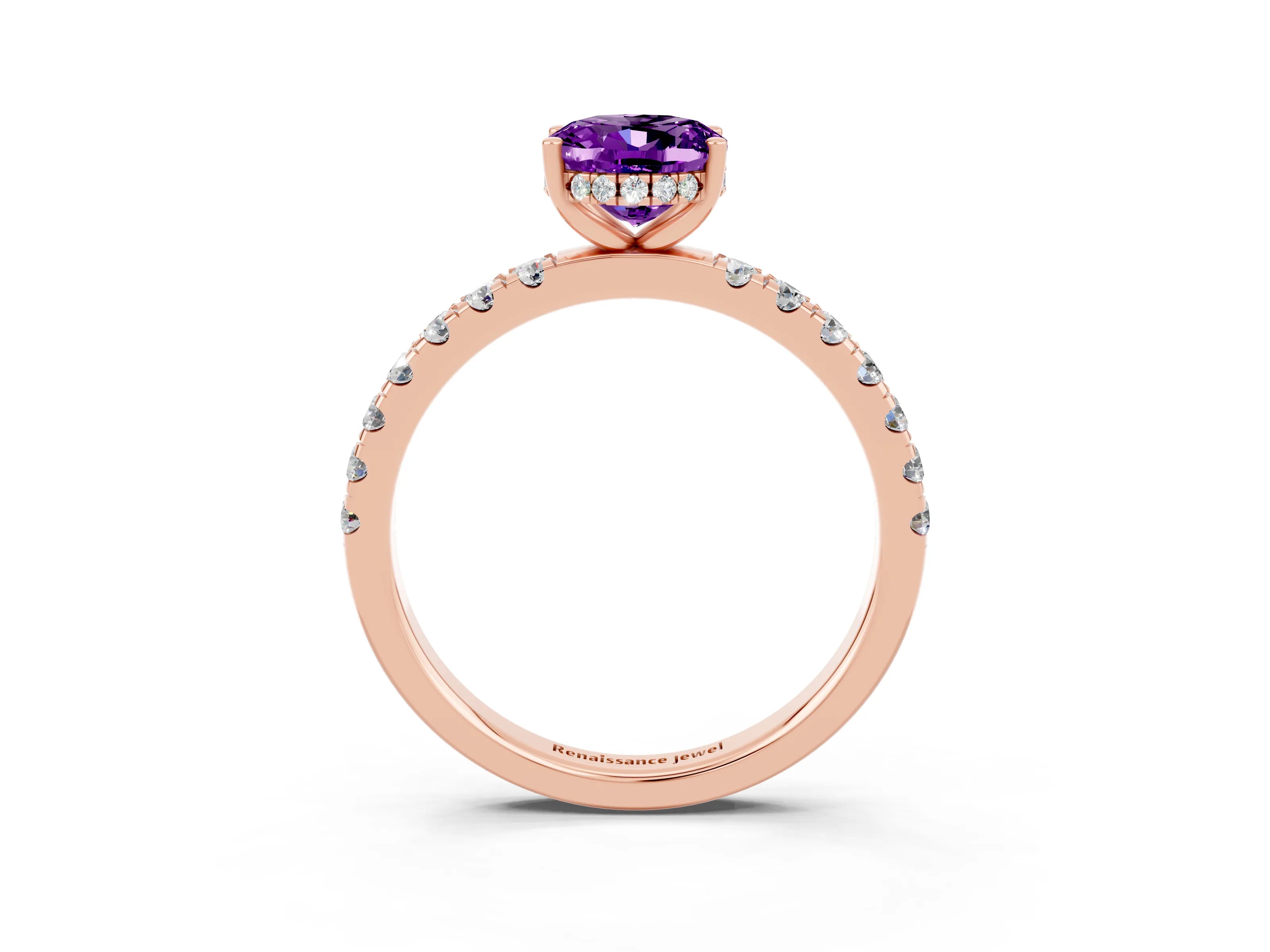 Rose gold Oval Cut Amethyst Pave Band Solitaire Ring with Four-Prong Setting_27