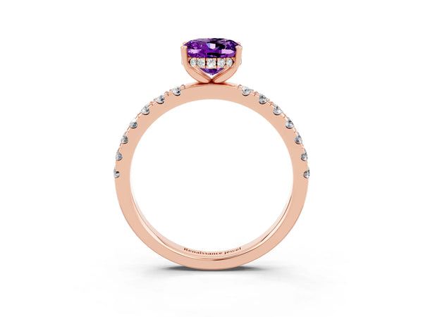 Rose gold Oval Cut Amethyst Pave Band Solitaire Ring with Round  and Prong Setting