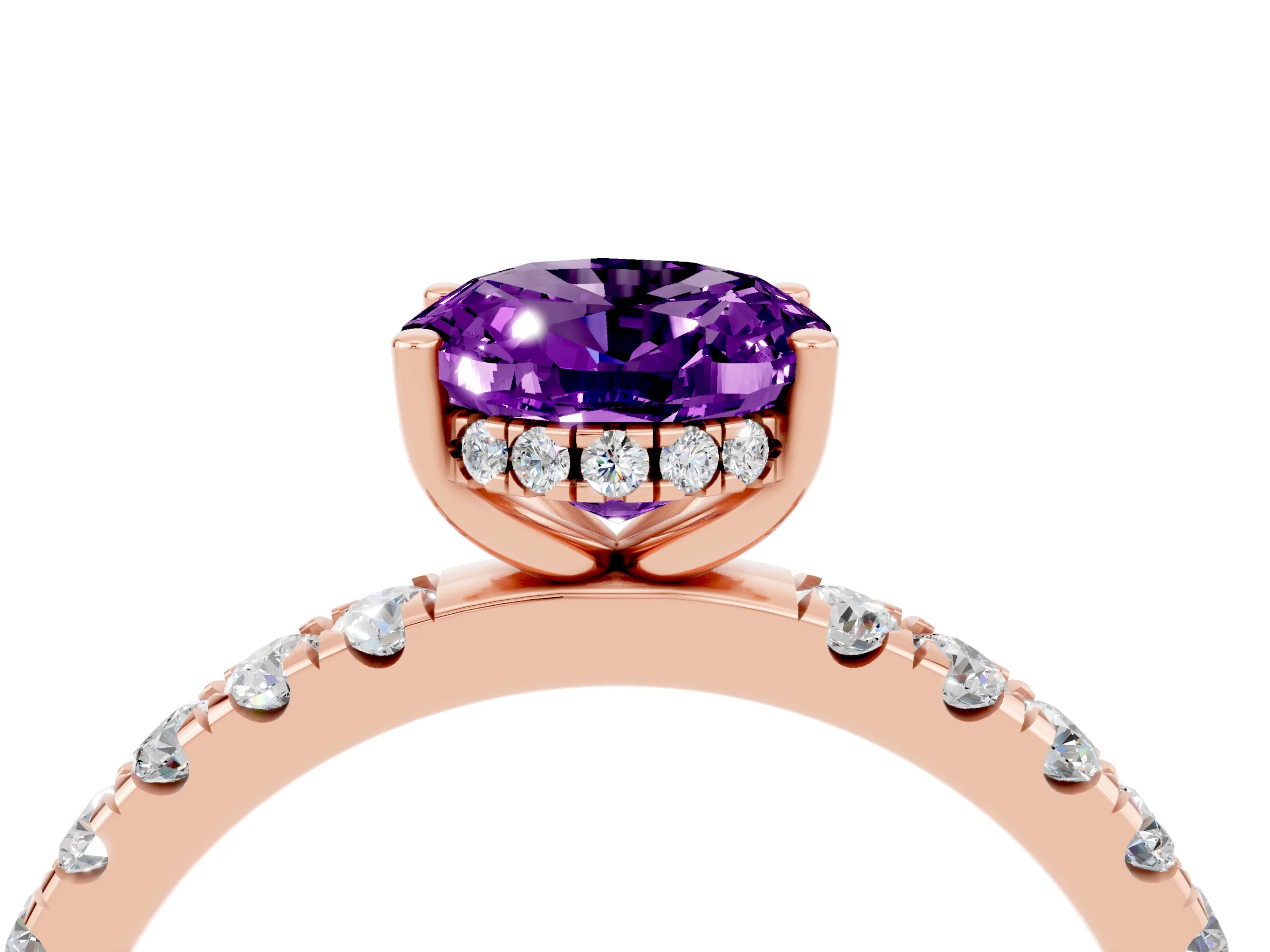 Rose gold Oval Cut Amethyst Pave Band Solitaire Ring with Four-Prong Setting_28
