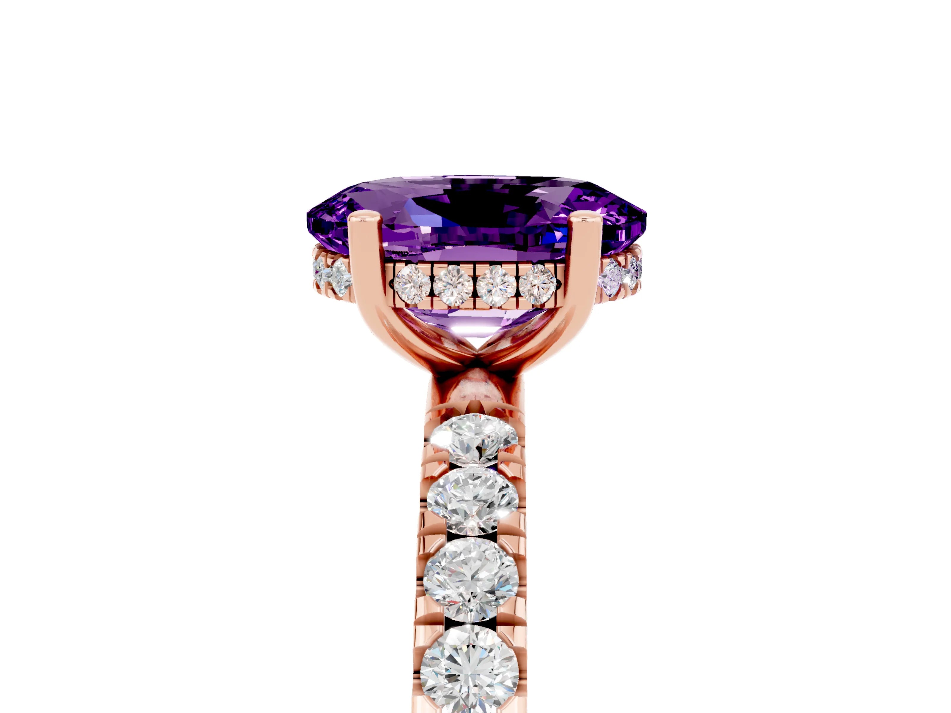Rose gold Oval Cut Amethyst Pave Band Solitaire Ring with Four-Prong Setting_29