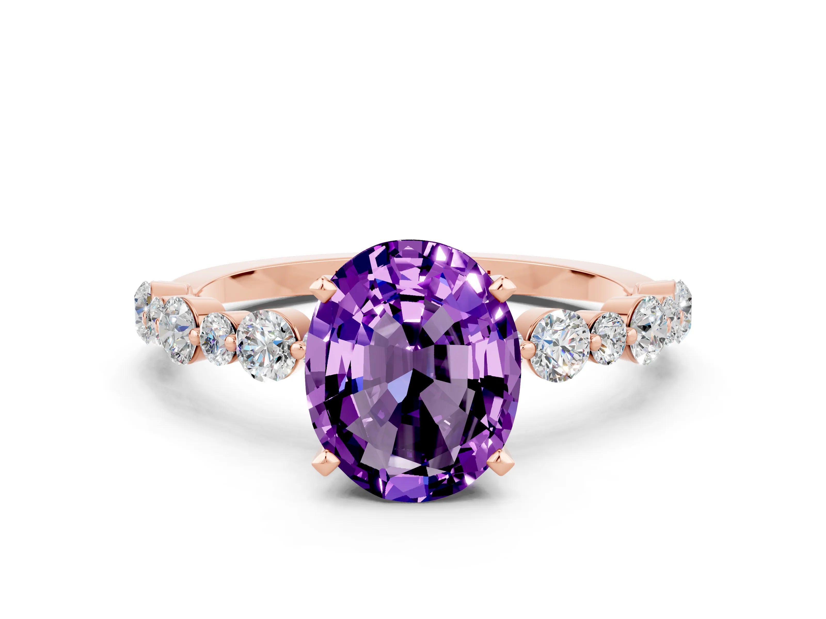 Rose gold Oval Cut Amethyst Prong Set Engagement Ring with Pavé Band
