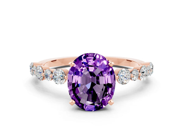 Rose gold Oval Cut Amethyst Prong Set Engagement Ring with Pavé Band