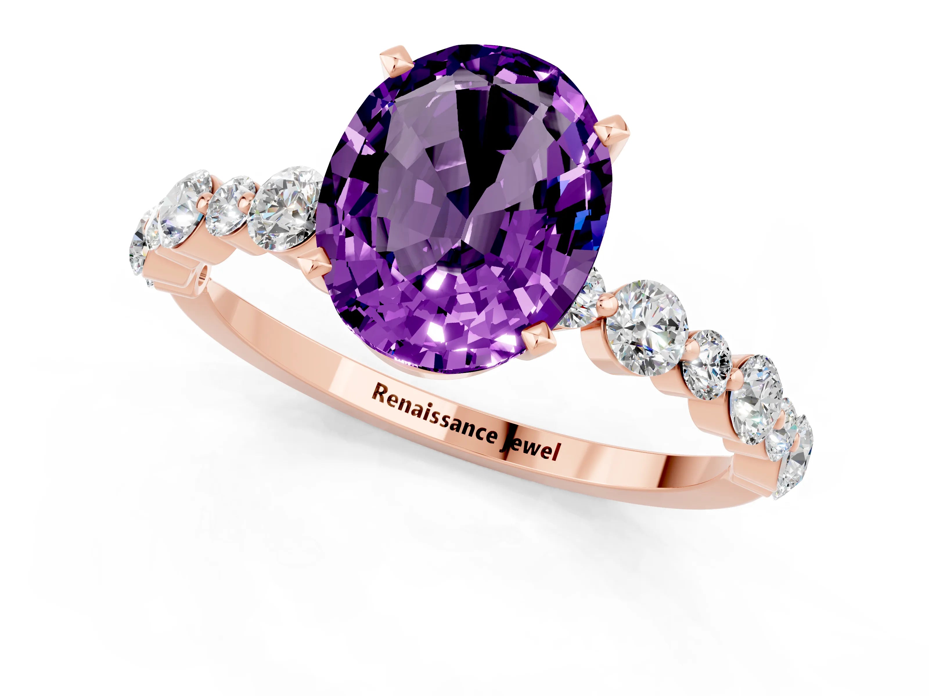 Rose gold Oval Cut Amethyst Prong Set Engagement Ring with Pavé Band_1