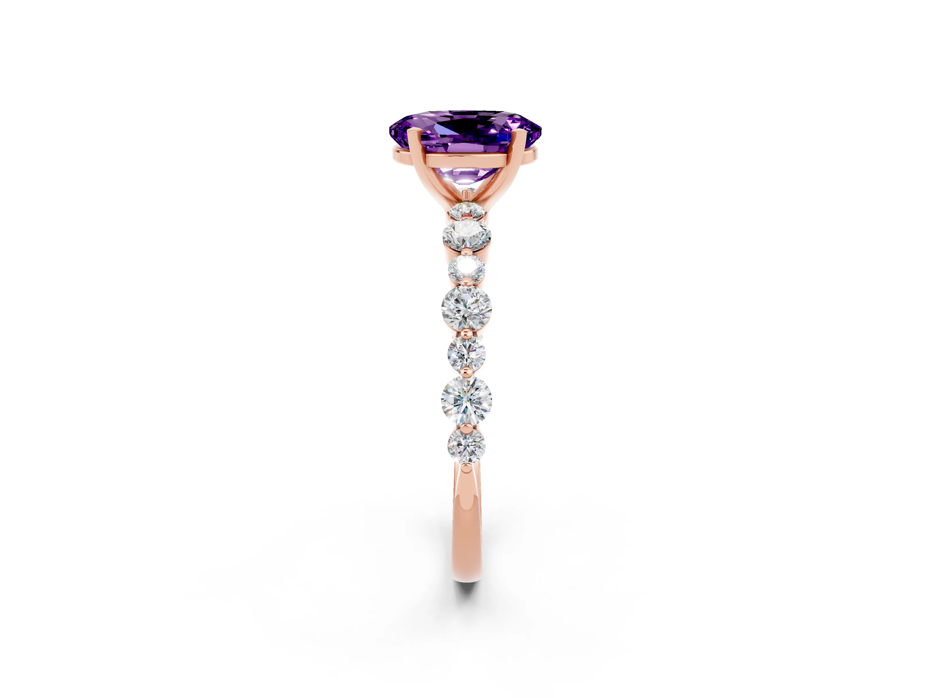 Rose gold Oval Cut Amethyst Prong Set Engagement Ring with Pavé Band_2