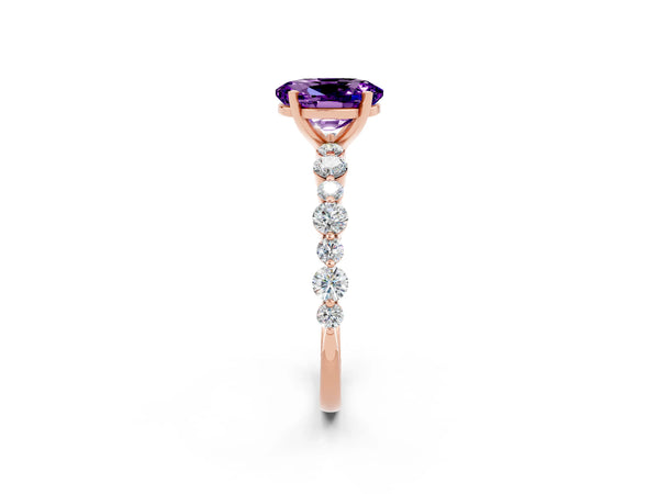 Rose gold Oval Cut Amethyst Prong Set Engagement Ring with Pavé Band