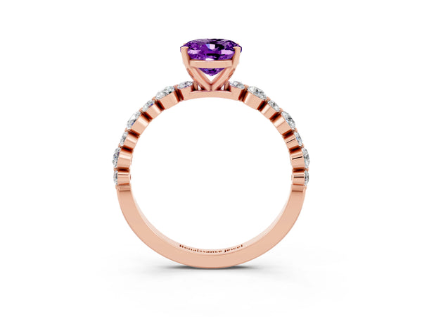 Rose gold Oval Cut Amethyst Prong Set Engagement Ring with Pavé Band