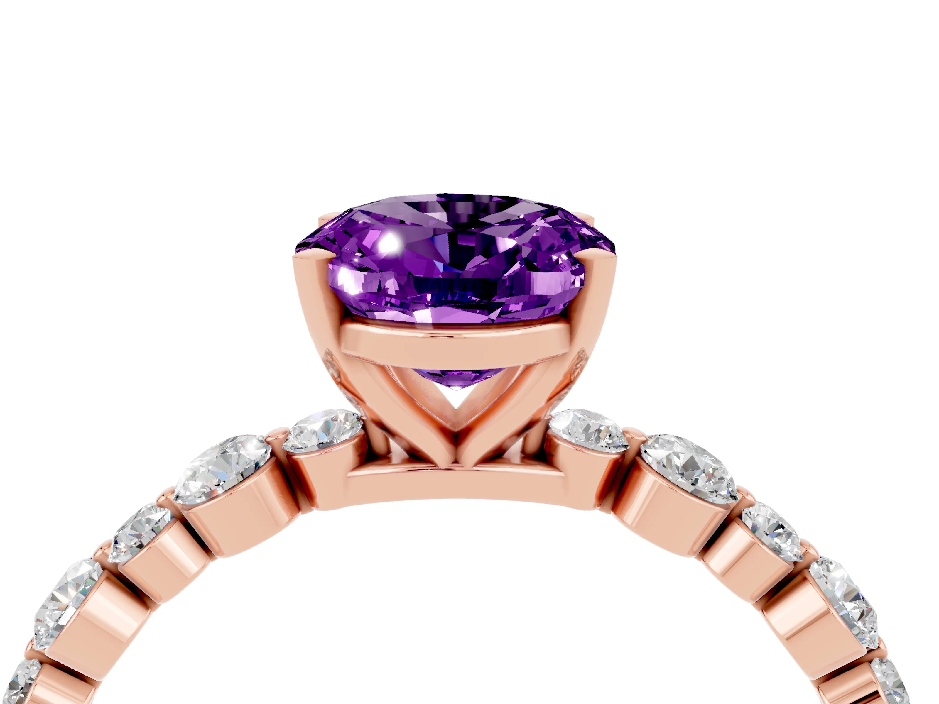Rose gold Oval Cut Amethyst Prong Set Engagement Ring with Pavé Band_4