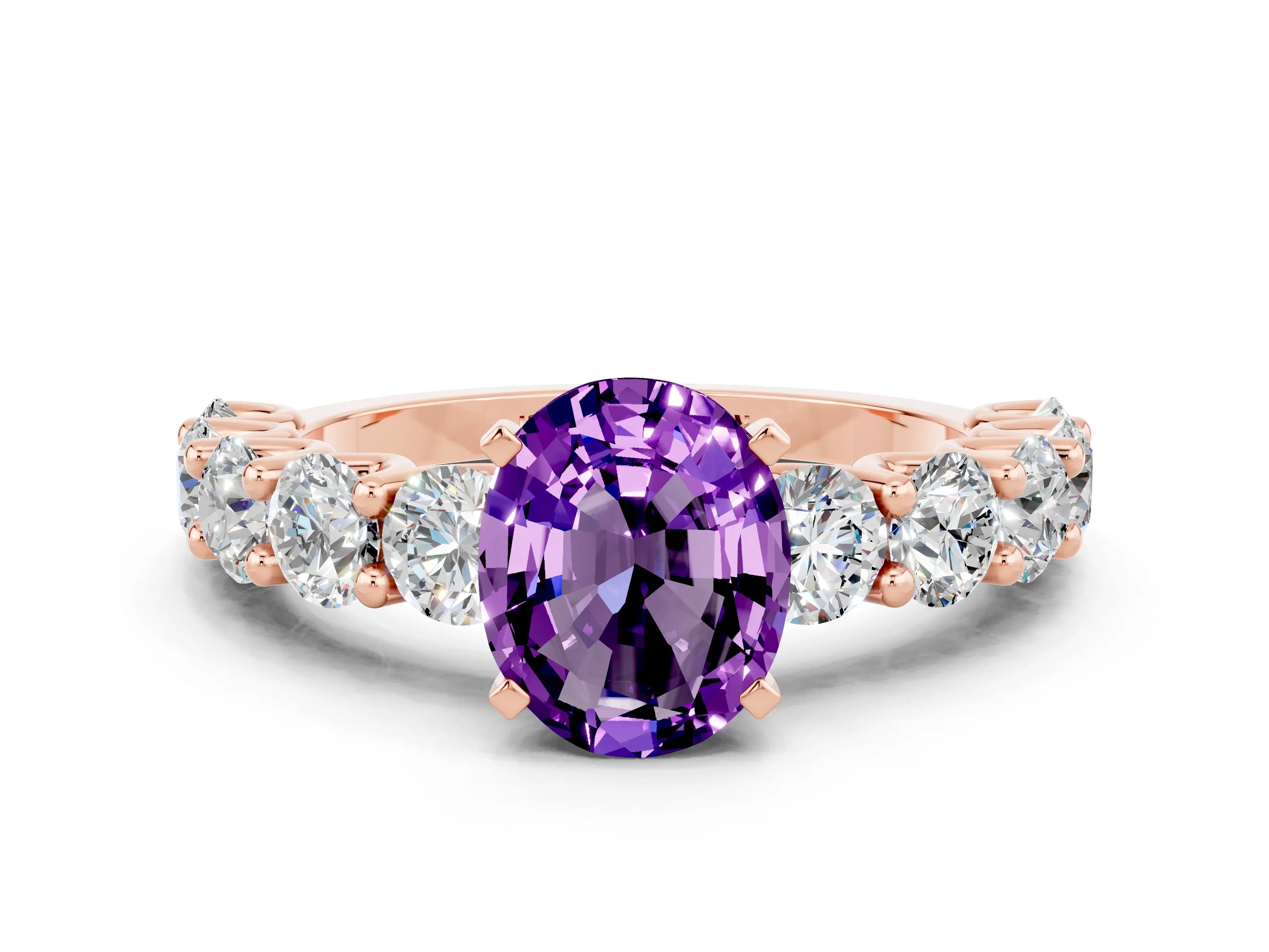 Rose gold Oval Cut Amethyst Prong Setting with Side Stones on a Pave Band