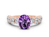 Rose gold Oval Cut Amethyst Prong Setting with Side Stones on a Pave Band