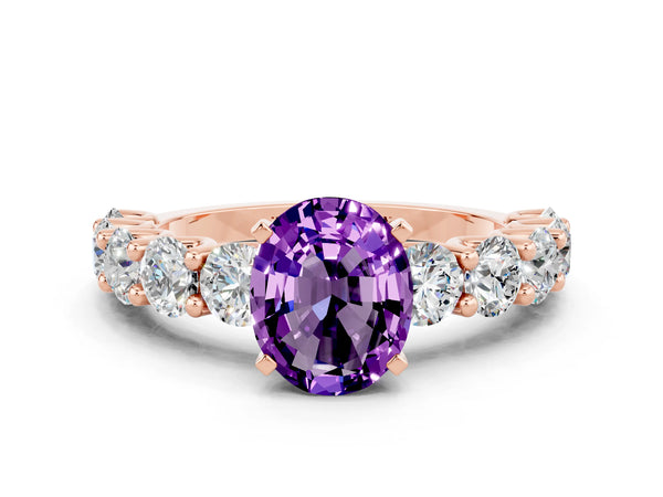Rose gold Oval Cut Amethyst Prong Setting with Side Stones on a Pave Band