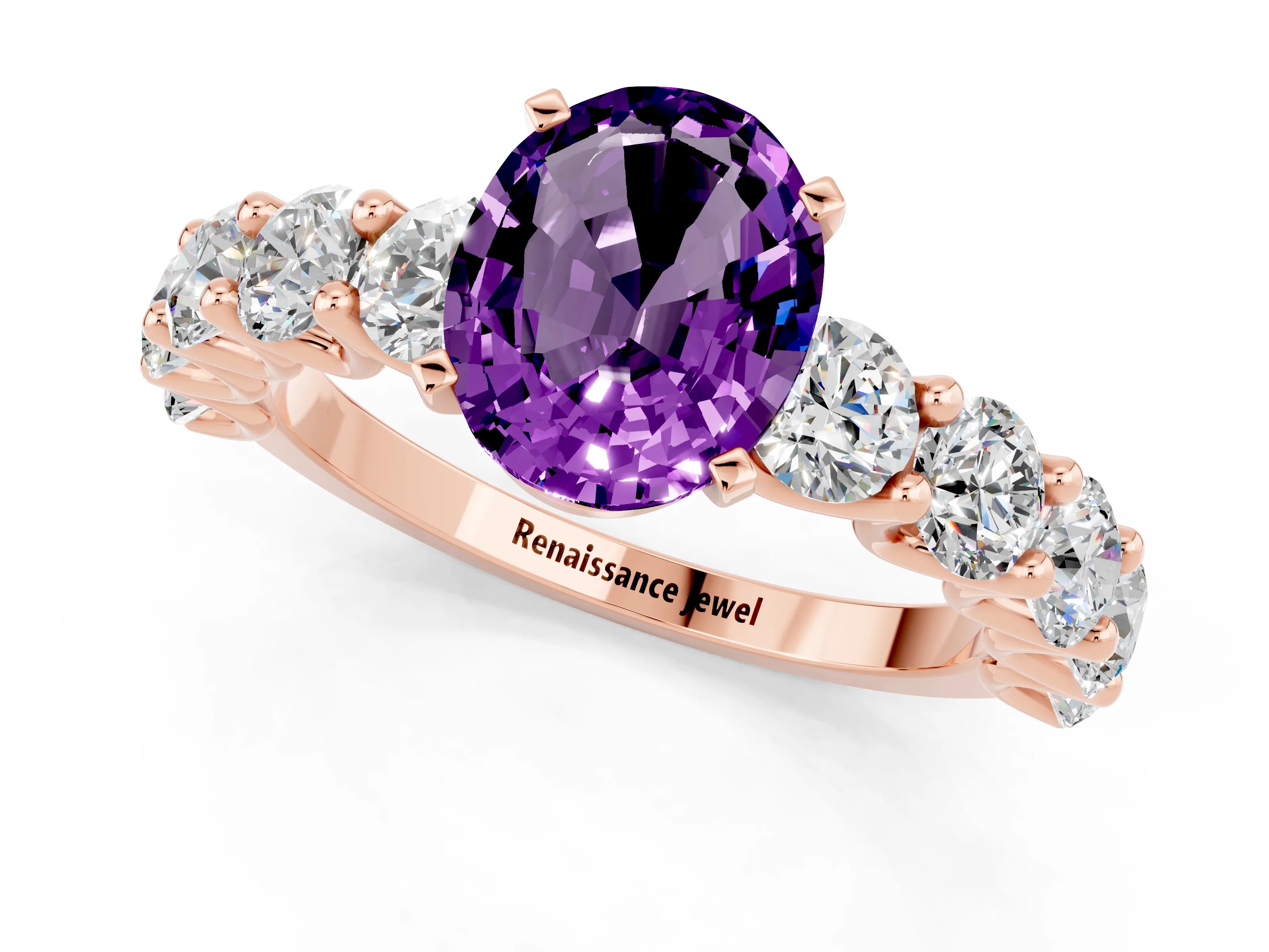 Rose gold Oval Cut Amethyst Prong Setting with Side Stones on a Pave Band_1