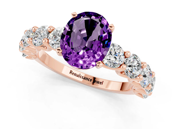 Rose gold Oval Cut Amethyst Prong Setting with Side Stones on a Pave Band