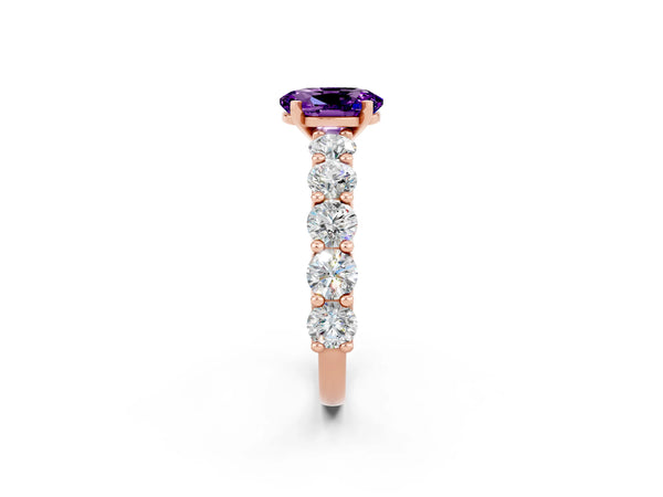 Rose gold Oval Cut Amethyst Prong Setting with Side Stones on a Pave Band