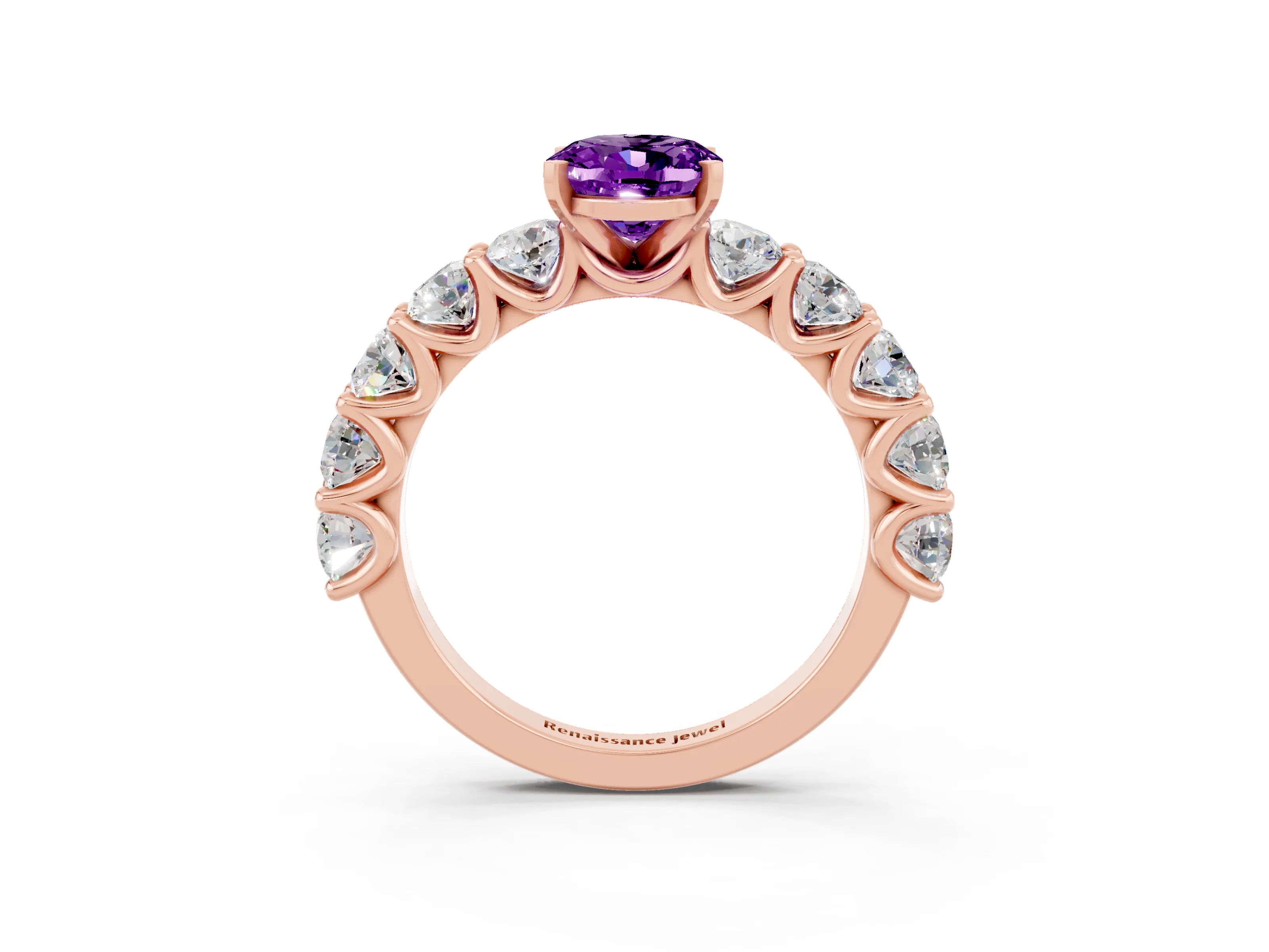 Rose gold Oval Cut Amethyst Prong Setting with Side Stones on a Pave Band_3