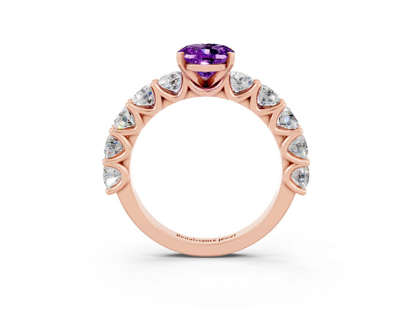 Rose gold Oval Cut Amethyst Prong Setting with Side Stones on a Pave Band