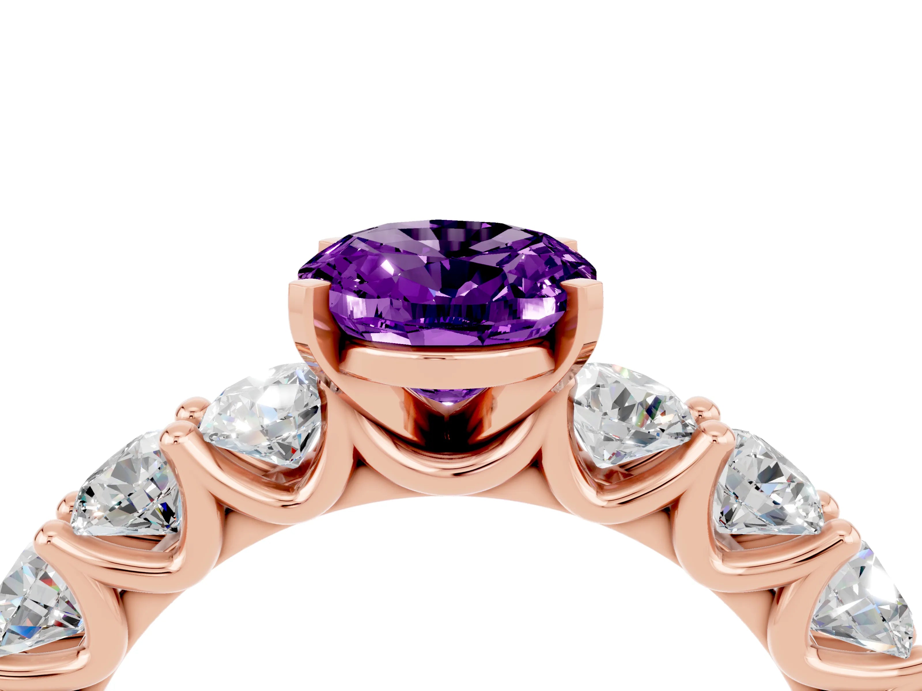 Rose gold Oval Cut Amethyst Prong Setting with Side Stones on a Pave Band_4