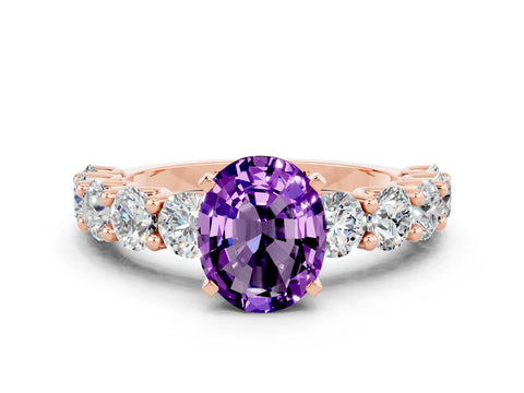 Rose gold Oval Cut Amethyst Prong Setting with Side Stones on a Pave Band
