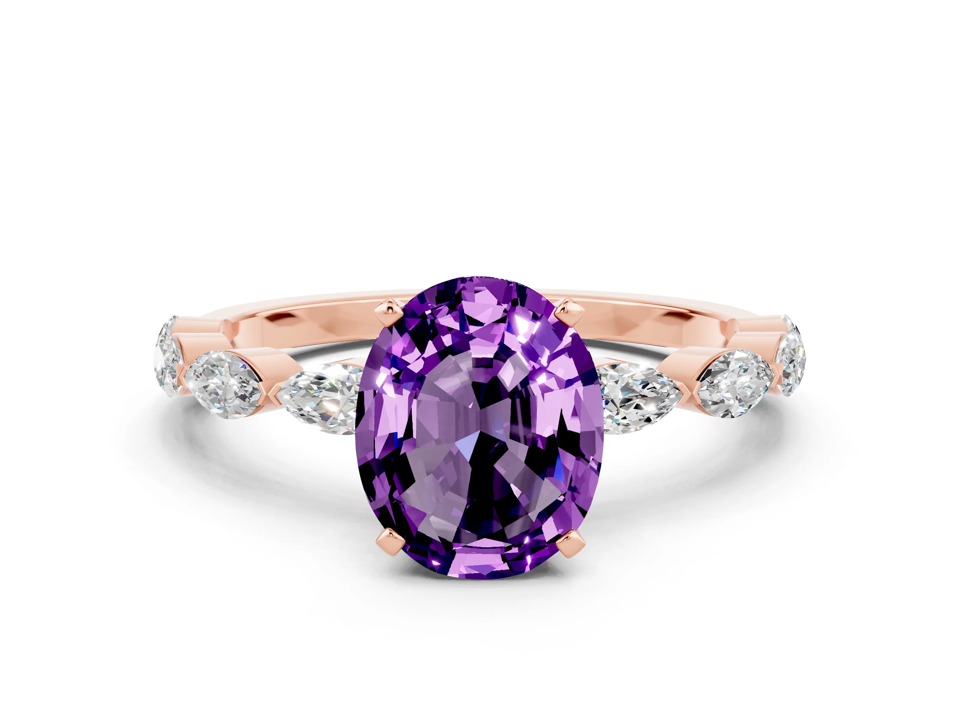 Rose gold Oval Cut Amethyst Ring with Marquise Side Stones and Prong Setting