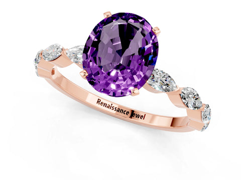 Rose gold Oval Cut Amethyst Ring with Marquise Side Stones and Prong Setting_1
