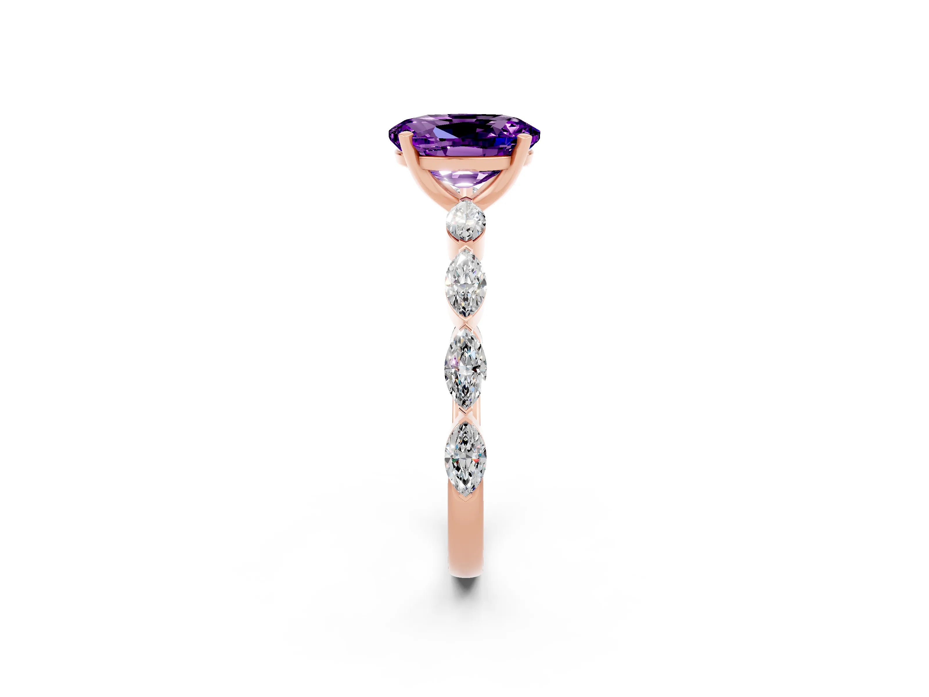 Rose gold Oval Cut Amethyst Ring with Marquise Side Stones and Prong Setting_2